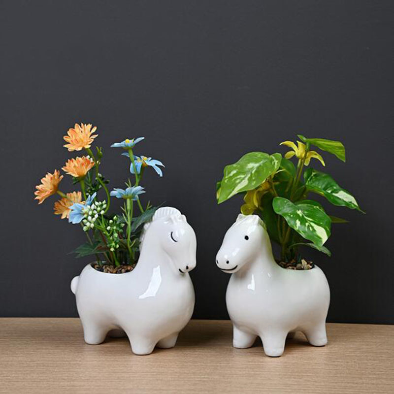 白い磁器製の創造的な馬の形をした植木鉢、緑の植物鉢、盆栽用花 - Bonsai Garden Art のレビューと価格